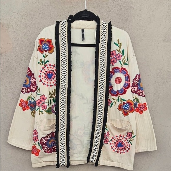 🔥 ZARA Stunning Floral Boho Embroidered Kimono Jacket Cotton Size S-M Blogger 💜 - Picture 6 of 9